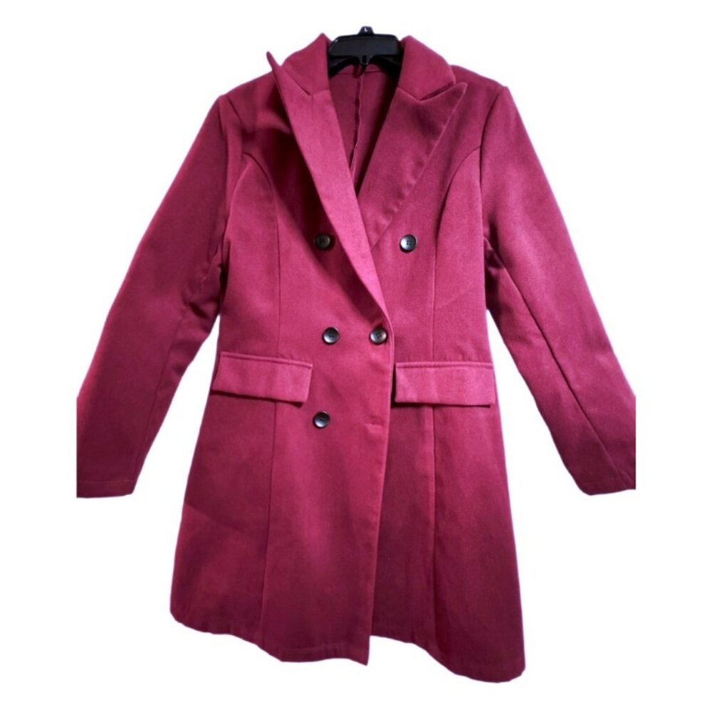💥🚀💥 Elegant Burgundy Long Coat Size M | Double Breasted Winter Outerwear - Picture 2 of 4